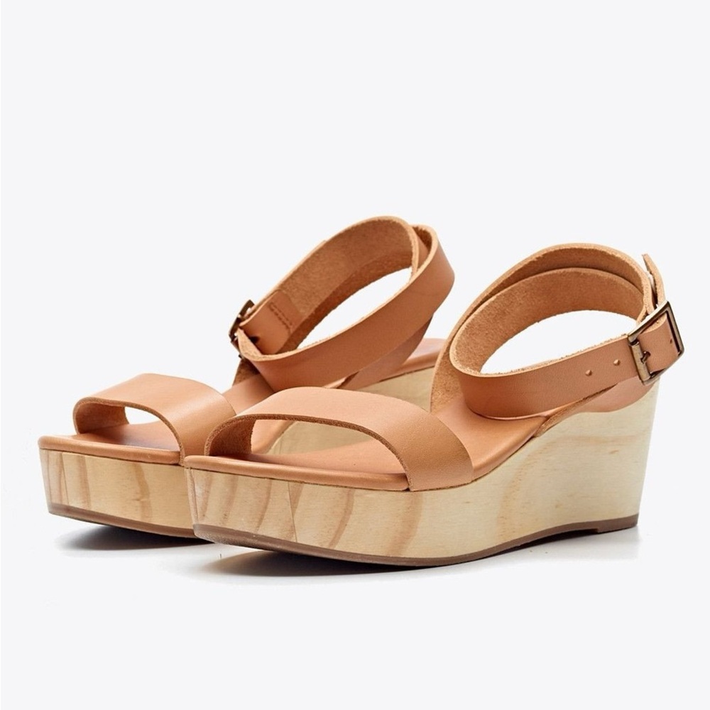 Nisolo Sarita Tan Leather Wooden Wedge Sandals Size 9 - Picture 2 of 13